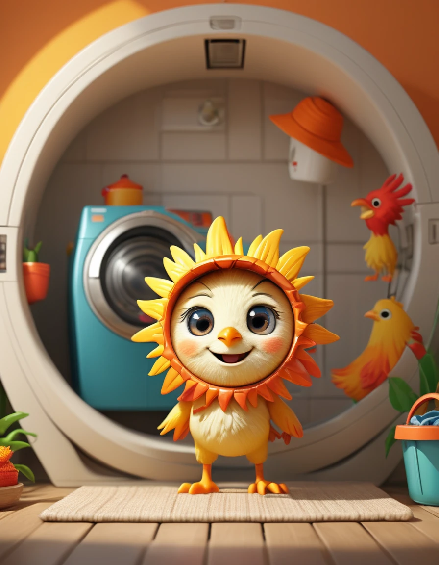 (design of character),Cute sun washing clothes with enthusiasm and joy while standing in front of a washing machine, anthropomorphic sun,wear a sun hat, Mattresses are chickens, smiling, big shiny eyes, Fantastic,Eccentric,similar to a fairy tale, super detailing, pixel style, vibrant with colors, soft natural light, solid color backdrop, 5-octane rendering, a gorgeous, Ultra Wide Angle, 8k, high realism, 8k