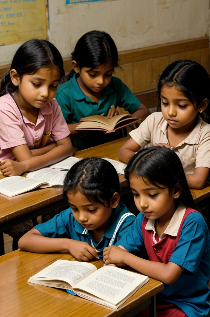Children in an Indian school sitting at a table and reading a book
