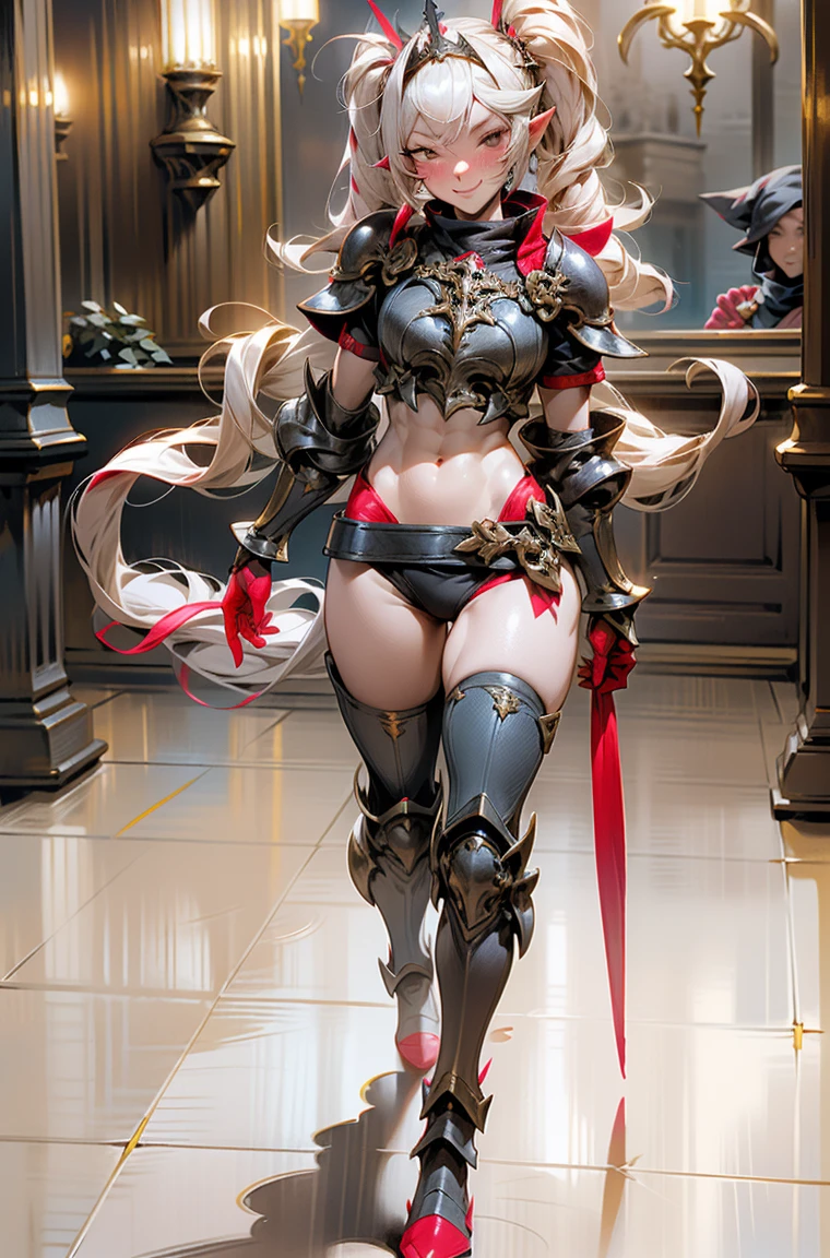 full body, def_effie, RED breastplate, RED skin, looking at viewer, shiny,armor, thighhighs, high boots,shoulder armor, faulds, poleyn, gloves, gauntlets, Rerebrace armored boots, pauldrons,(masterpiece, best quality, ultra-detailed, best shadow) yordle (1girl)( RED skin:1.2) pointy ears muscular lean platinum blonde long twin-tails hairstyle at the office lustful smirking smile face red blushed, blush, strong abs, female body builder, tiara, twin drills hair
