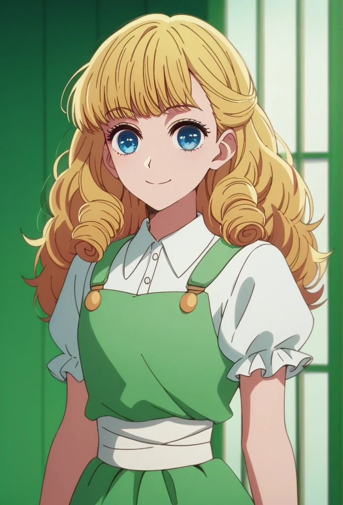 oshi_no_ko_style,blonde curls,sidecurls,fluffy fringe bangs,blue eyes,long eyelashes,cowboyshot,standing,,soft smile,long hair,masterpiece,highres,absurdres,white puffy short sleeves,collared dress,suspender dress,solo,frilled cuffs,,teen,(light blue pinafore dress),frilled wristgloves,frilled sweatheart neckline,white sash around the waist,peter pan collar,
