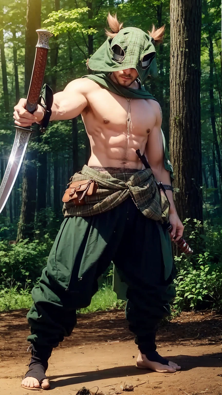 a boy brown hair holding a sword near a fire,Green and black plaid shirt, realistic photo ,cinematic