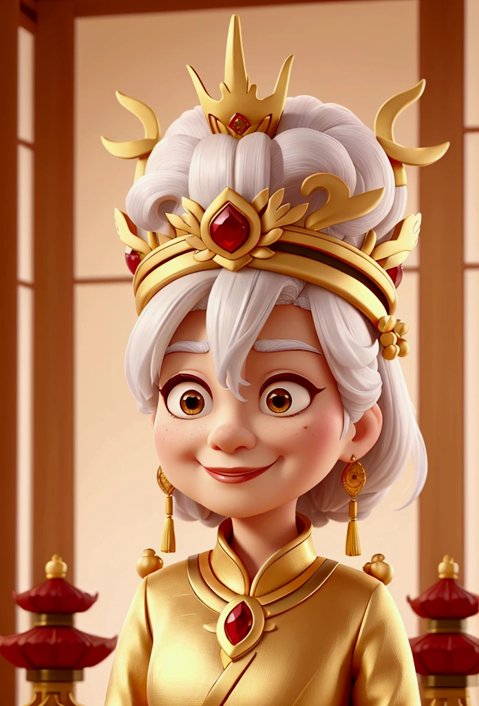 queen of china,wear gold dress,Gold Jewelry,wearing a Chinese emperor hat,The color is fierce.,Age 65,Tie your hair,no bangs,white hair
