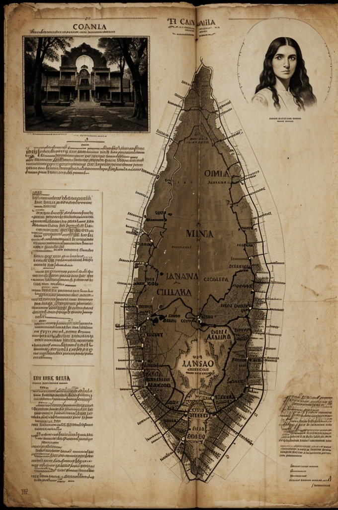 Old map of Latin America, with references to paranormal phenomena, Legends and myths. The map has a vintage style with worn edges and sepia details. Includes location marks of places famous for their ghost stories, unexplained appearances and events, like the Island of the Dolls in Mexico, the Bosque de las Ánimas in Colombia and the Hotel del Salto in Colombia. Illustrations of legendary creatures such as the Chupacabra are seen, La Llorona and the Duende. There are mystical symbols and handwritten notations in the margins, describing paranormal events and unsolved mysteries. The map is decorated with skull motifs, candles and other esoteric items, creating a disturbing and mysterious atmosphere.






