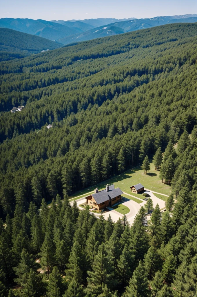 Photograph of a landscape with pine trees and a house in the middle that looks real

