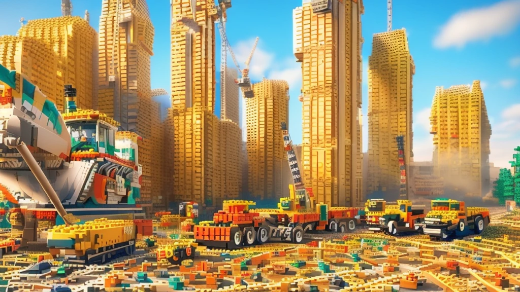 lego world, there are many construction equipment that are on the grass, construction, construction yard, construction site, groundbreaking, Realistic Scene, 2 0 2 2 photo, robot in construction, photo rendering, um hyperrealisti, publicity photo, transportation design rendering, Digital rendering, muita construction, big tubes, hyperrealisti, hyperrealisti, highly photographic rendering