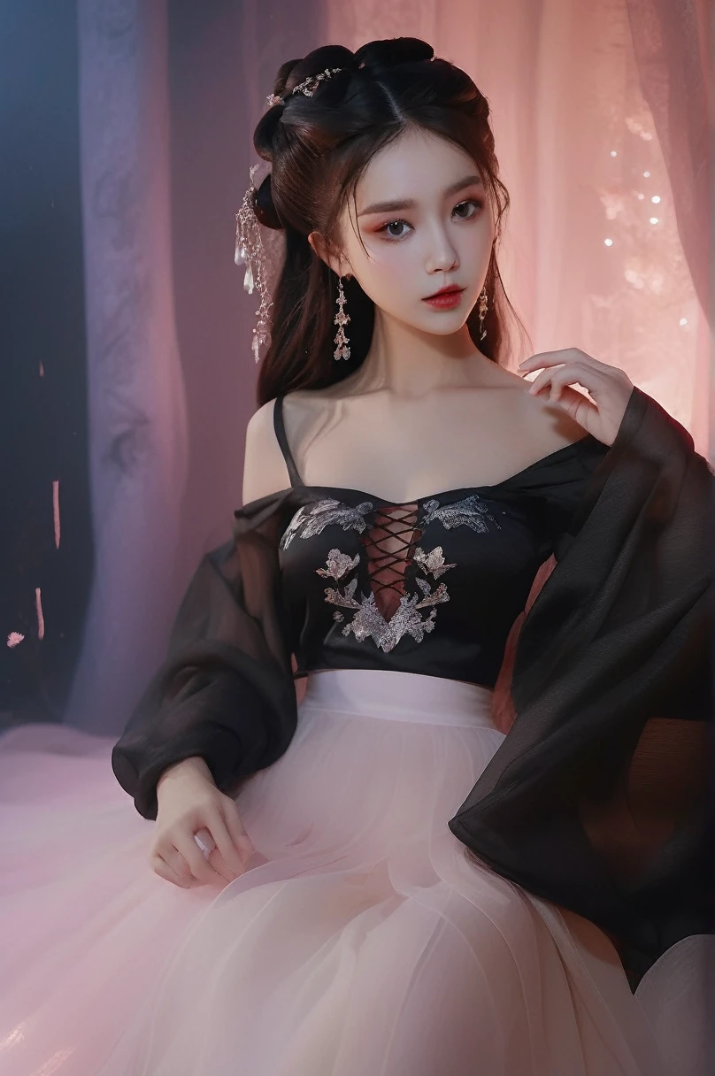 Ultra high quality, 8k, Super detailed, Dark Fantasy Art Film Photos, girl in tulle skirt,eye contact, dark, moody, dark fantasy style, beautiful lights, great composition