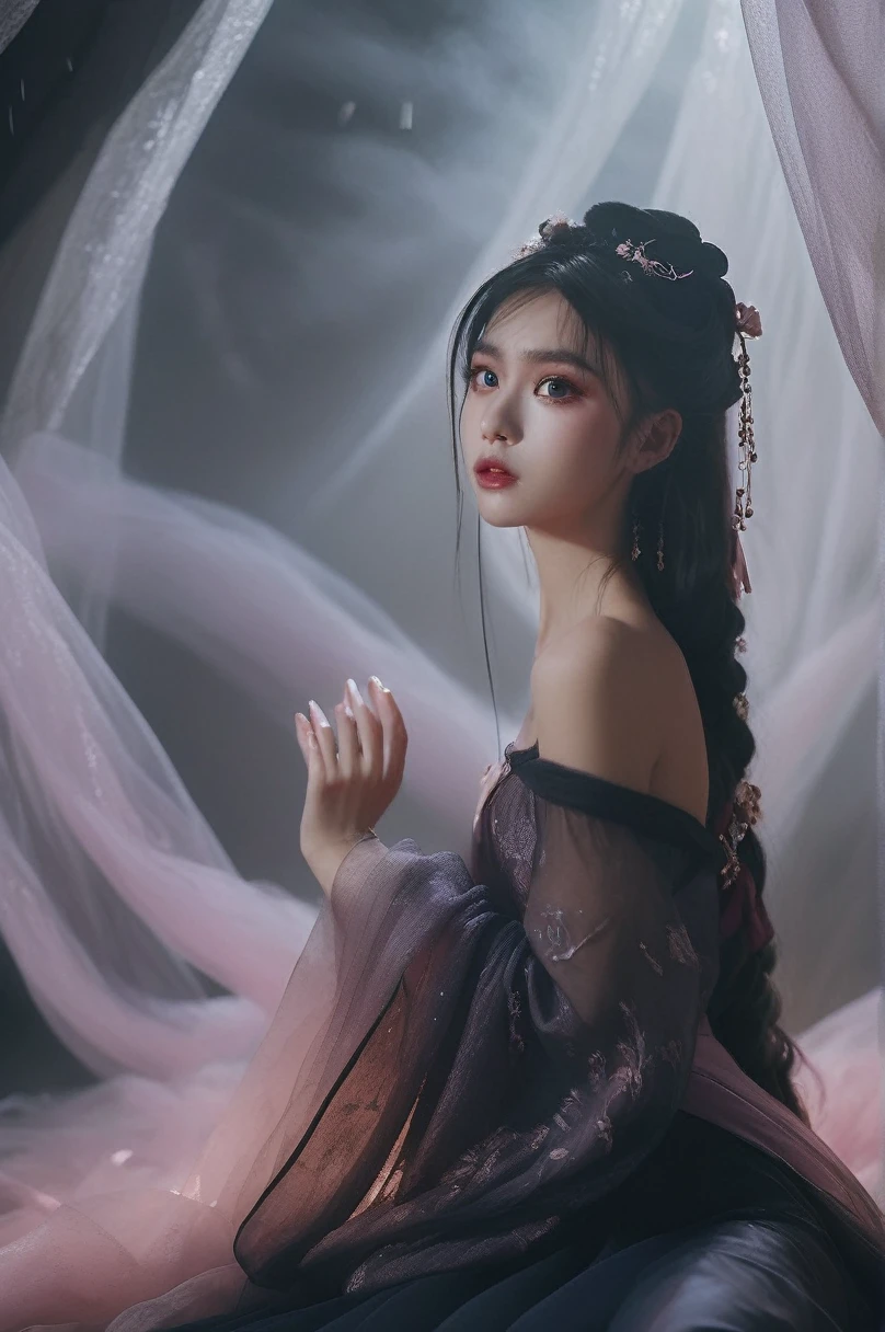 Ultra high quality, 8k, Super detailed, Dark Fantasy Art Film Photos, girl in tulle skirt,eye contact, dark, moody, dark fantasy style, beautiful lights, great composition