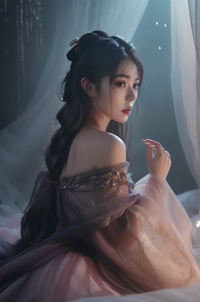 Ultra high quality, 8k, Super detailed, Dark Fantasy Art Film Photos, girl in tulle skirt,eye contact, dark, moody, dark fantasy style, beautiful lights, great composition