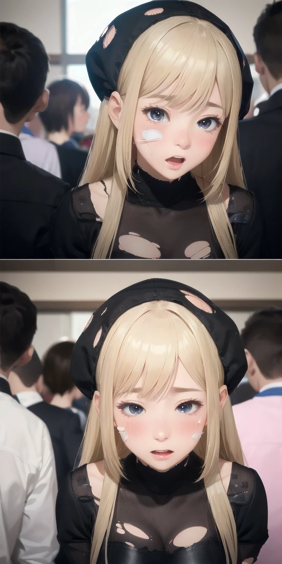 Realistic, Wide-angle,One Girl, blonde、Shortcuts、shy, Embarrassing, ((blush)), (Completely torn costume:1.5), (torture chamber)、In the crowd、Humiliated, (regrettable)、Embarrassing,( surprised:1.3), Man and woman having sex、A man is holding a woman's waist、Wide-angle, throw, From below, high school girl、School uniforms、2. Please raise your hand,Handcuffs on both hands、Raise your arms above your head、 Hands tied to the wall, Leaning against a wall, 、Pleated mini skirt、(Torn clothes)、Big Breasts, Light, Shine, (masterpiece), wallpaper