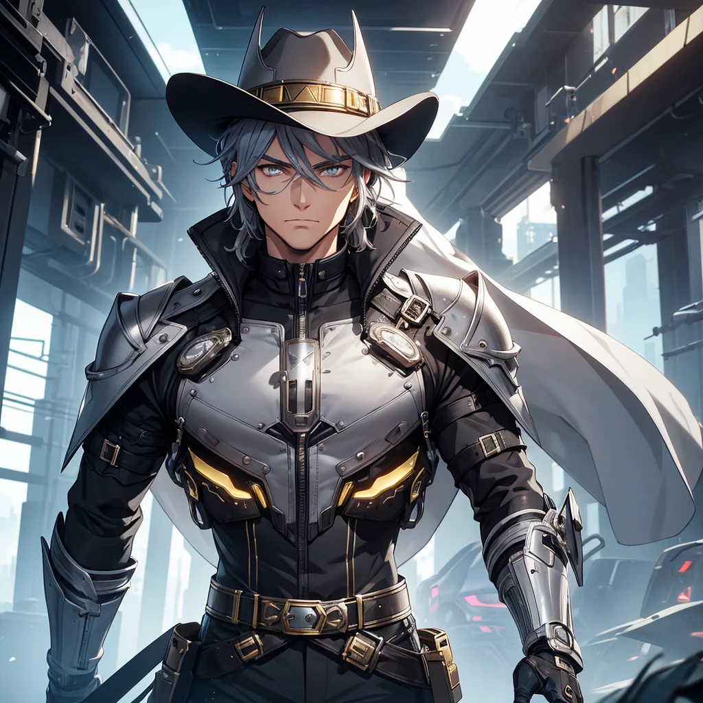 make a futuristic male character who has a cowboy hat, mechanical right arm, gold eyes, must be in a futuristic canary, and dark gray hair. he must be strong and have an overcoat