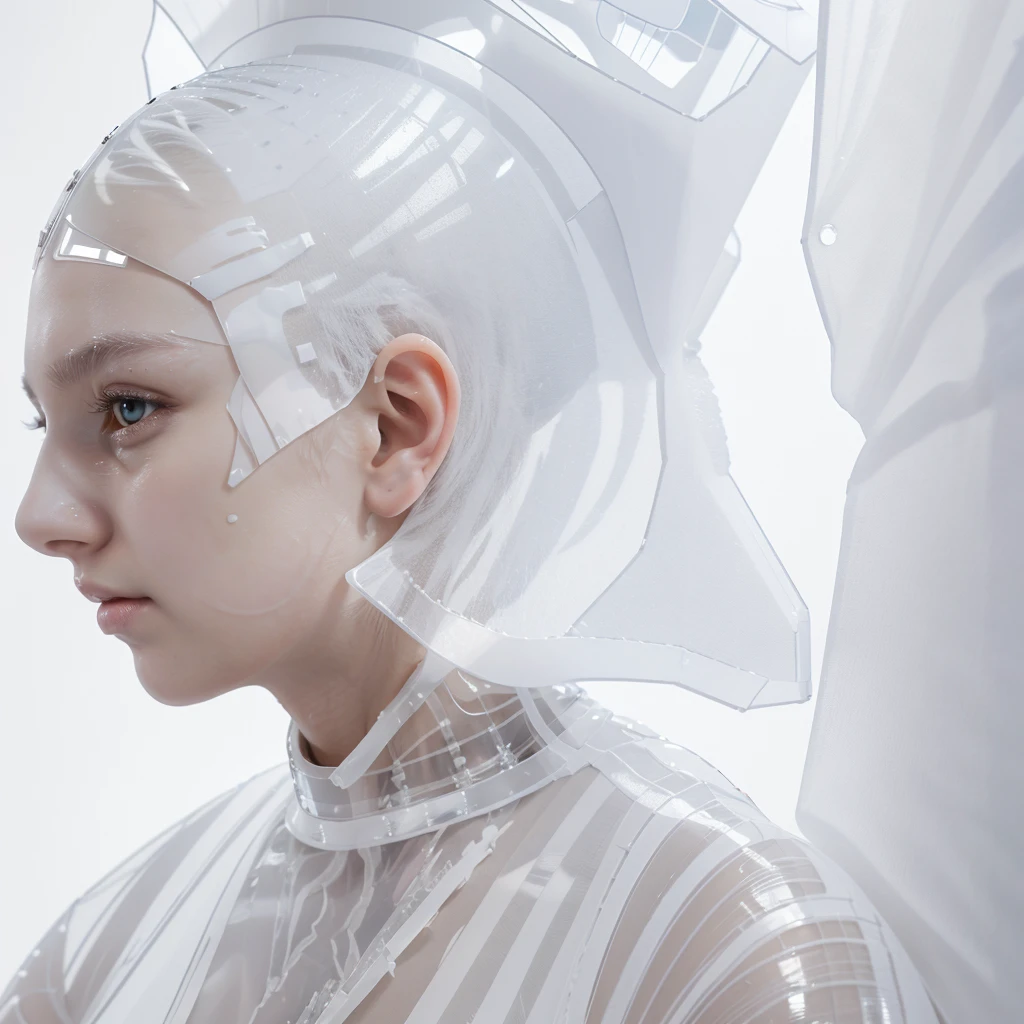 top quality,The perfect masterpiece,perfect work of art,Official works,8 K,, (Upper body portrait:1.3),((visible from the side:1.5)),lens close up,gentle face,, 17 years,white-haired girl,(hakuhatsu:1.5),short and medium hair,((white transparent eyes:1.5)),(White dress:1.2),(transparent clothes:1.2),(Black background:1.3),, pearl illusion,cyberpunk,fashion trend,3c material,a high resolution,detailed presentation,C4D,3d,Octane rendering,Ray tracing,complex parts,animated lighting,OCrenderer,