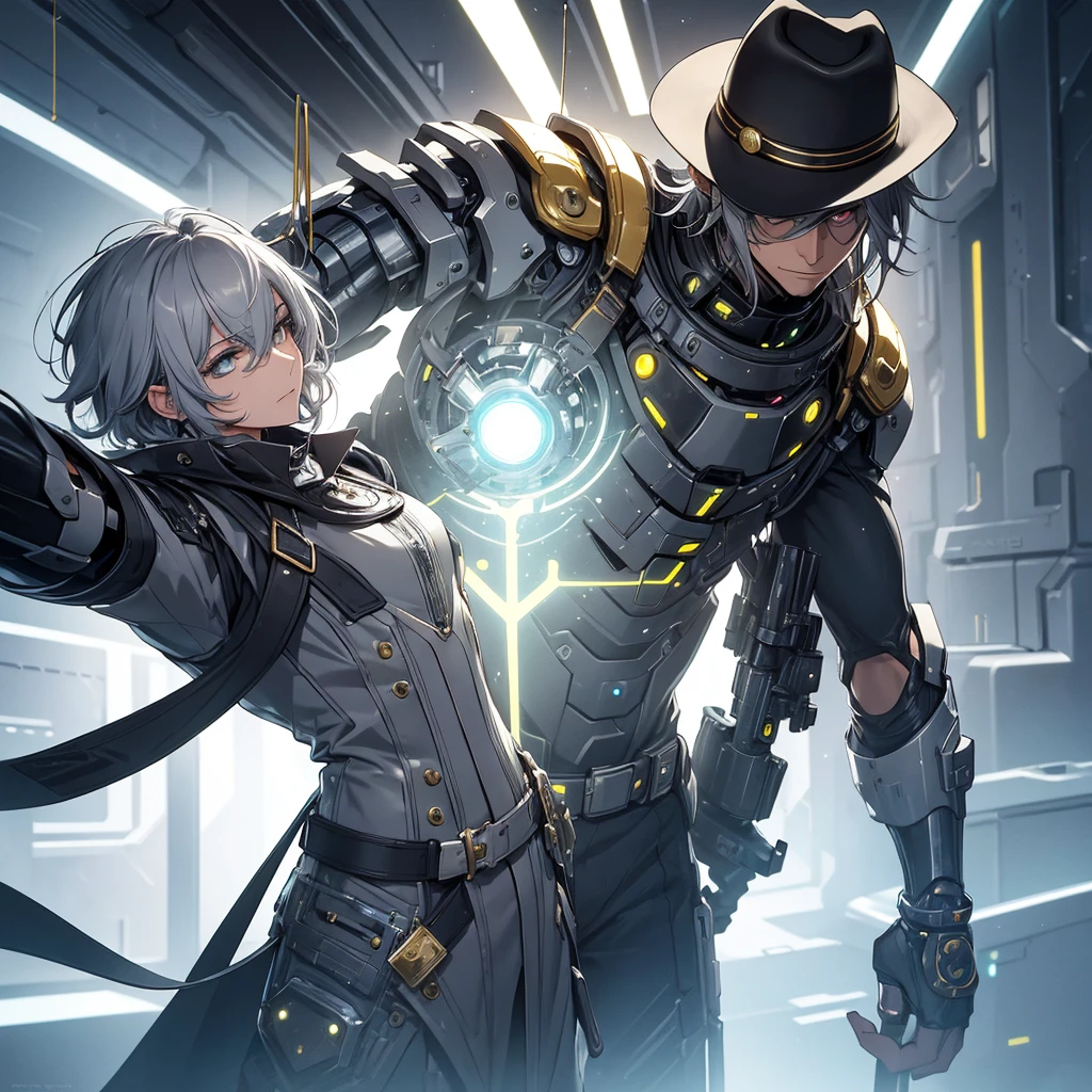 make a futuristic male character who has a cowboy hat, mechanical right arm, gold eyes, must be in a futuristic canary, and dark gray hair. he must be strong and have an overcoat
