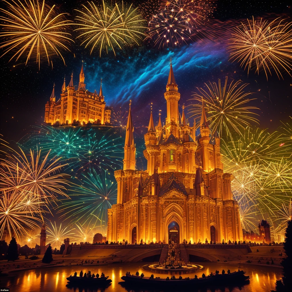 Create a vibrant and engaging album cover for the song "Kingdom's Festive". The image should depict a festive medieval scene with a majestic castle in the background, colorful flags, and bright lights that evoke a joyful celebration. Include elements such as musicians playing traditional instruments, people dancing, and fireworks in the sky. Use a vibrant color palette and details that convey a sense of joy and grandeur.