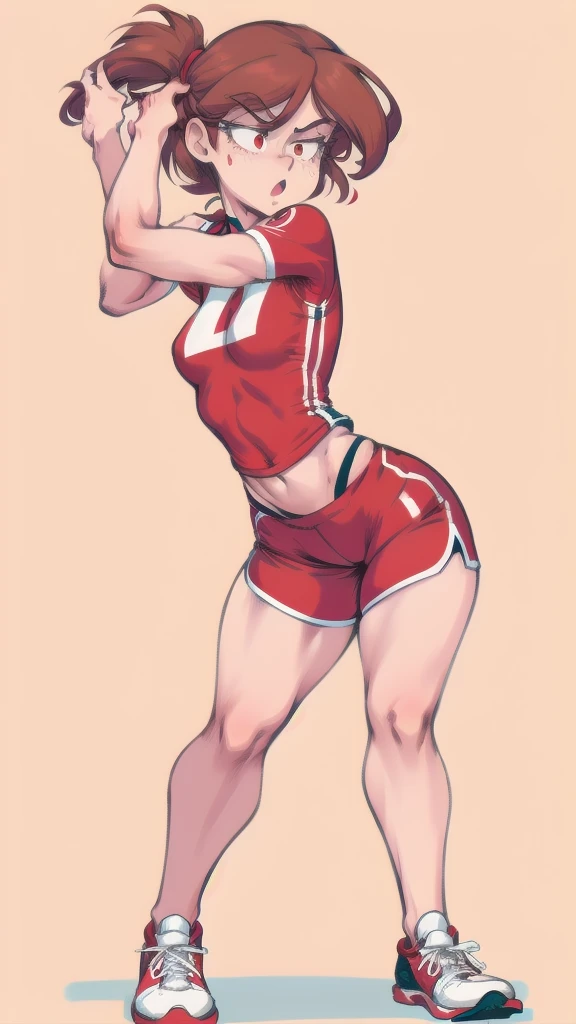 Full body image of Lynn Loud from The Loud House, full body in image, wearing her original outfit (red jersey, red shorts, red and white sneakers), short brown hair, female body, athletic and fit body, dynamic pose, detailed pose, simple background, expressive face showing determination, focus on face, line art, sketch