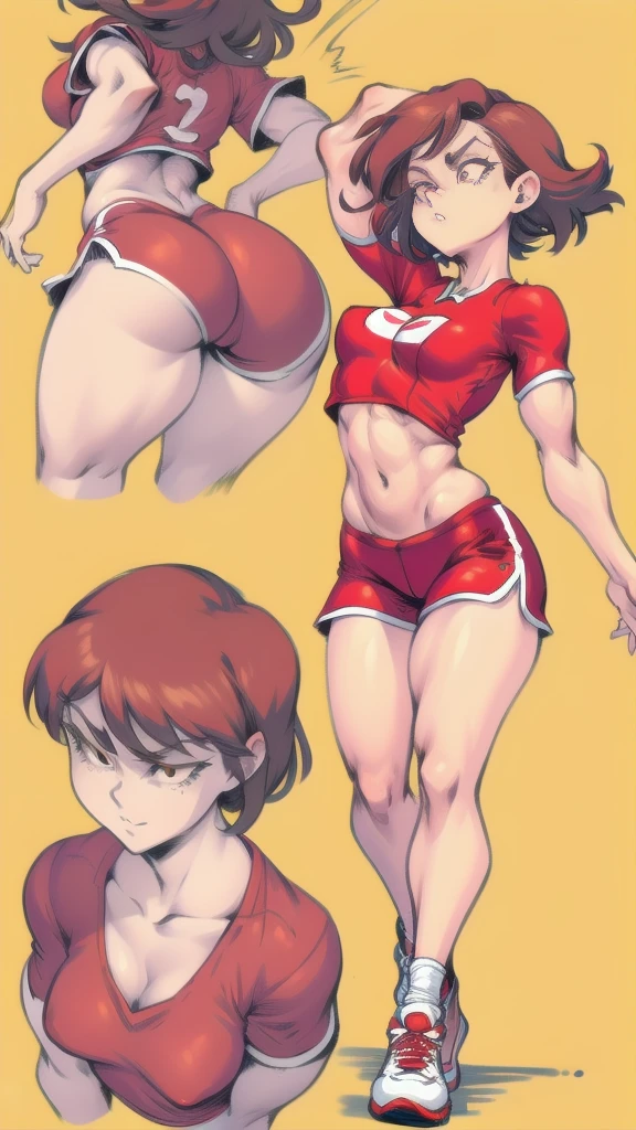 Full body image of Lynn Loud from The Loud House, full body in image, wearing her original outfit (red jersey, red shorts, red and white sneakers), short brown hair, female body, athletic and fit body, dynamic pose, detailed pose, simple background, expressive face showing determination, focus on face, line art, sketch