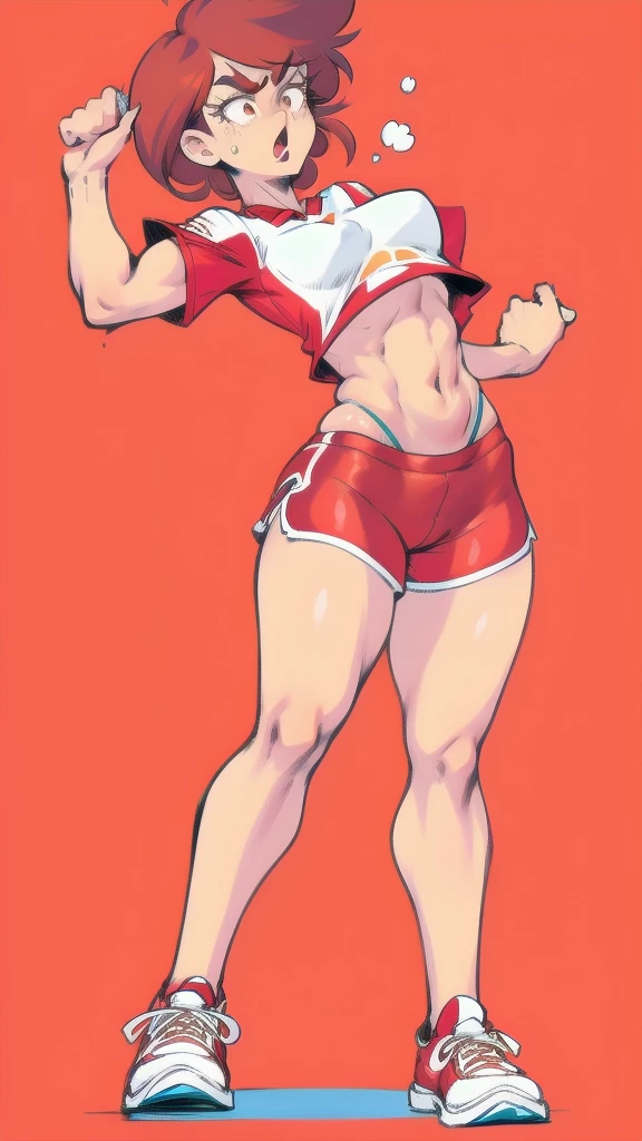 Full body image of Lynn Loud from The Loud House, full body in image, wearing her original outfit (red jersey, red shorts, red and white sneakers), short brown hair, female body, athletic and fit body, dynamic pose, detailed pose, simple background, expressive face showing determination, focus on face, line art, sketch
