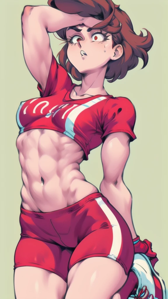 Full body image of Lynn Loud from The Loud House, full body in image, wearing her original outfit (red jersey, red shorts, red and white sneakers), short brown hair, female body, athletic and fit body, dynamic pose, detailed pose, simple background, expressive face showing determination, focus on face, line art, sketch