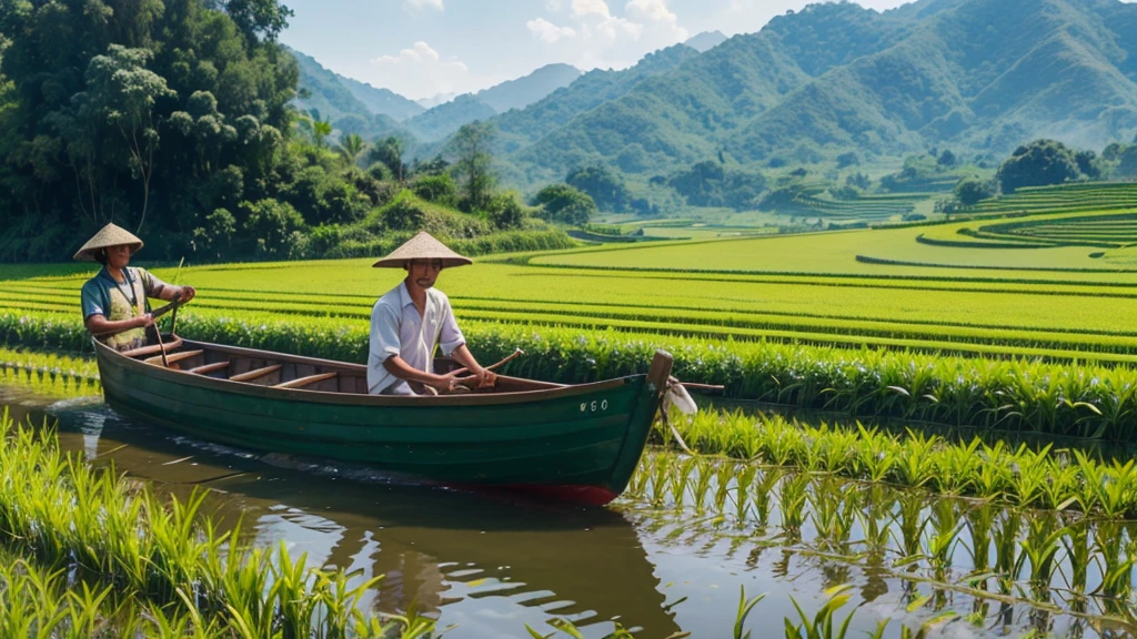 arafed man in a boat in a field of green plants, farming, rows of lush crops, villagers busy farming, alamy stock photo, malaysia with a paddy field, idyllic and fruitful land, vietnam, manicured garden of eden, proshot, official photos, terraced orchards and ponds