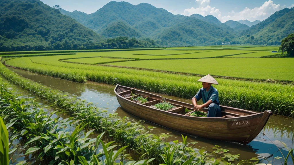 arafed man in a boat in a field of green plants, farming, rows of lush crops, villagers busy farming, alamy stock photo, malaysia with a paddy field, idyllic and fruitful land, vietnam, manicured garden of eden, proshot, official photos, terraced orchards and ponds
