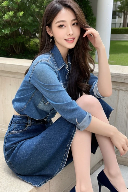 ((Highest quality、Ultra-high resolution、masterpiece、8k))、(Delicate face、Detailed eyes and face、double eyelid、Glossy lips)、Collared shirt、((Denim midi skirt))、((silk pantyhose))、High heels、Small face、Slender、Sharp long legs、Sitting pose、Happy expression、Large Breasts、Night in the background、Wind、Starry Sky、moon、((Full body portrait))