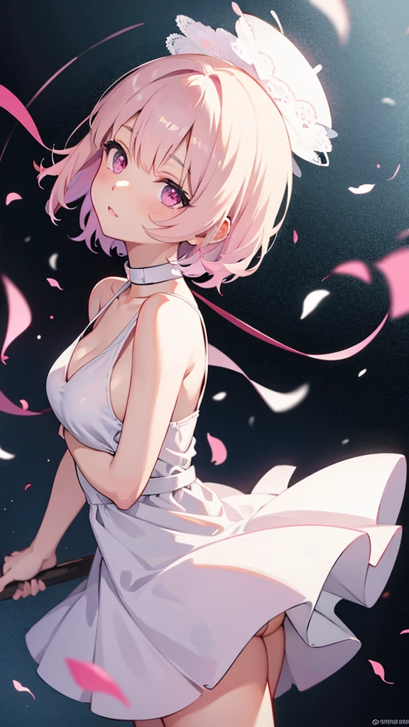 White short hair, pink eyes, anime girl, white dress