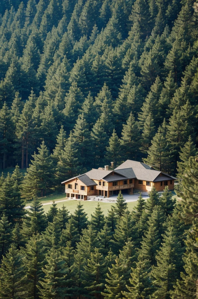 Photograph of a landscape with pine trees and a house in the middle that looks real
