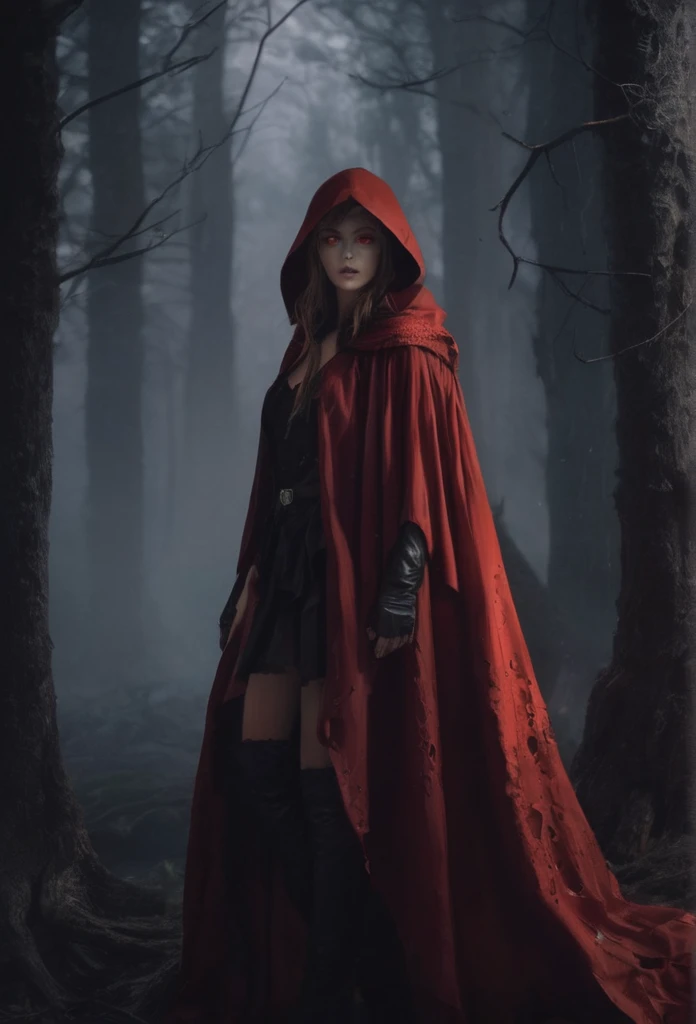 (Highest quality,4K,High resolution,masterpiece:1.2),Super detailed,Realistic:1.37,Portraiture,Dark fantasy,Red color scheme,Soft lighting,Emotional,Enchanted Forest,Ominous atmosphere,Eye-catching,Storytelling,anatomy,Anime Style,Concept Art,Beautiful detailed face and (((Red eyes ))),Flowing Hair,emotional expression,Jewelry made with attention to detail,A cape with an intricate pattern,Strong gaze,Cape with feather detailing,Subtle Shadows,Dynamic pose, Sexy Woman, big tits, A magnificent composition,Mysterious Background,Natural elements,Moonlit Night,wood々The wind blowing between,Eerie presence,Revealing character strengths and weaknesses,A striking contrast between the red cape and its surroundings,Fascinating story,Rich texture,Depth and Dimension,Highlight the charm and resilience of your characters. (((Little Red Riding Hood))), (Blood splatter:1.3)