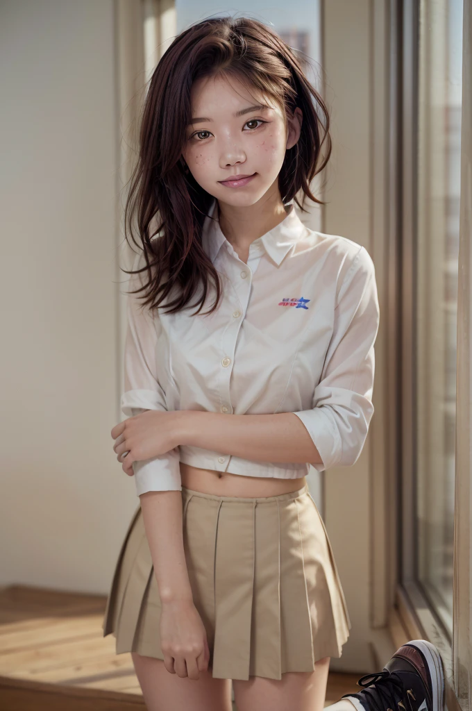 A swedish, American, german, young woman, 20yo, downtown, in large metropolis, collared shirt, sweater, pleated skirt, chuck taylor shoes, smirk ((heavy gaussian blur)), ((soft lighting)), (((extremely hazy:1.2))),, (extremely bright), (dreamy atmosphere), bright vivid colors,