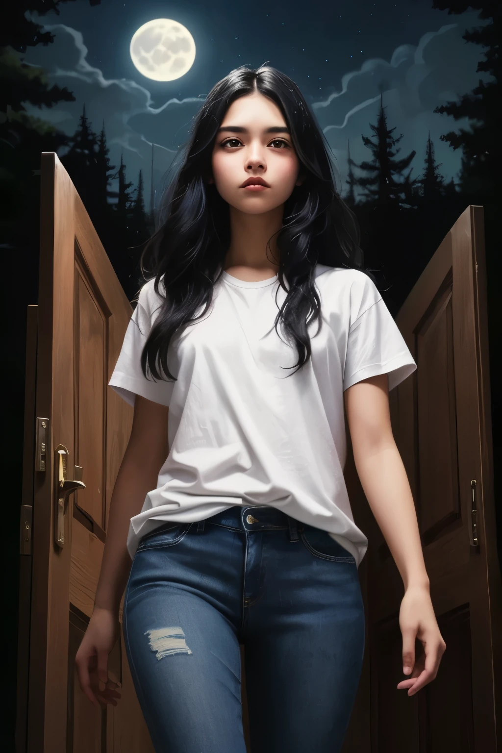 ((best quality)), ((masterpiece)), (detailed), A digital illustration of a long black haired teenage girl entering a opened door inside a dark mansion, with a full moon in the background and ominous trees surrounding the house. The girl is wearing a plain white t-shirt and blue jeans, with a look of fear on her face.
