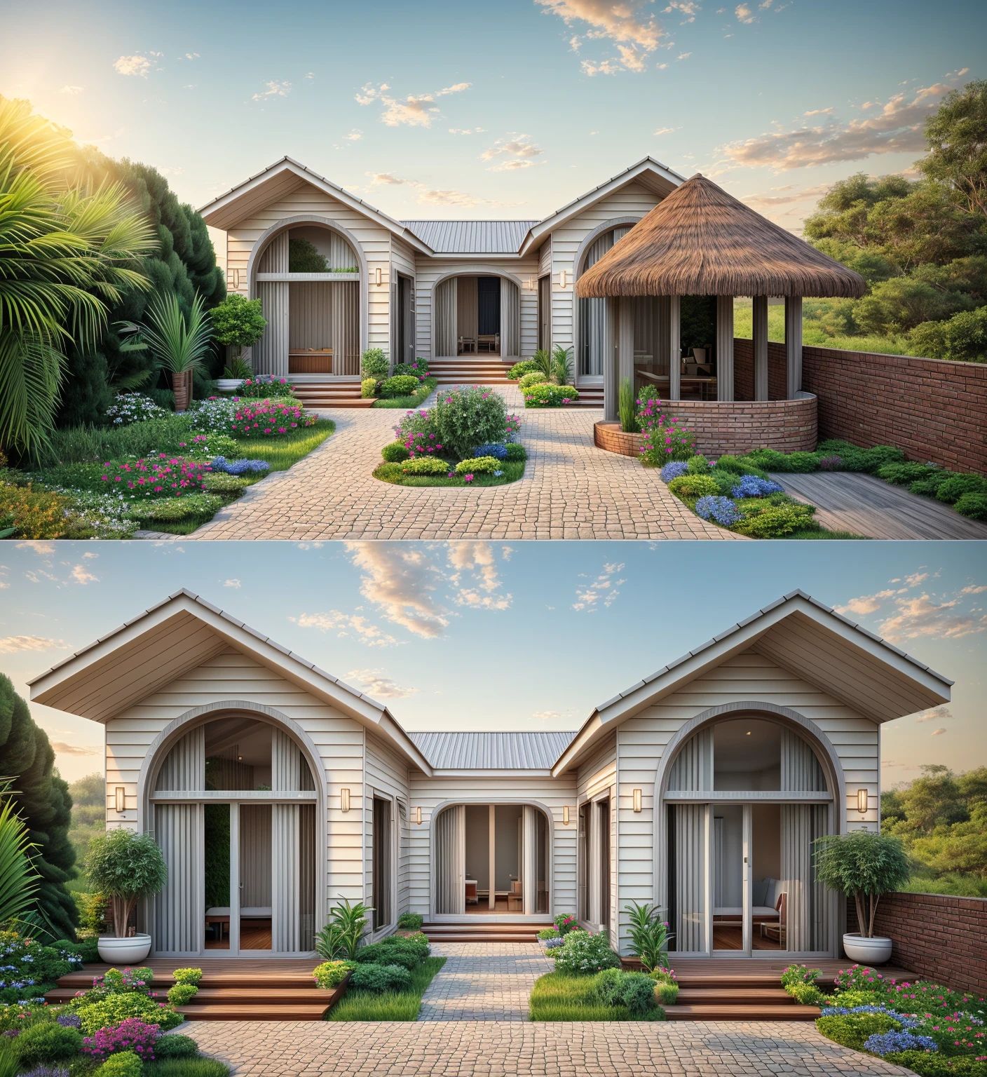 Realistic images, extremely detailed, a modern house,(((1 road in font of house))), large yard made by ceramic, (1 car), brick fence, lawn, a few small flowers, a road in front of the house, main materials of the house are white walls and red brick, Modern design, clear blue sky, sunrise light, light from inside, dynamic light,shimering light, cinematic light, romantic feeling, (((day light, warm light)))