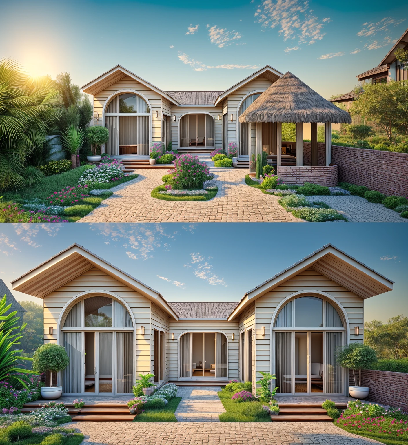 Realistic images, extremely detailed, a modern house,(((1 road in font of house))), large yard made by ceramic, (1 car), brick fence, lawn, a few small flowers, a road in front of the house, main materials of the house are white walls and red brick, Modern design, clear blue sky, sunrise light, light from inside, dynamic light,shimering light, cinematic light, romantic feeling, (((day light, warm light)))