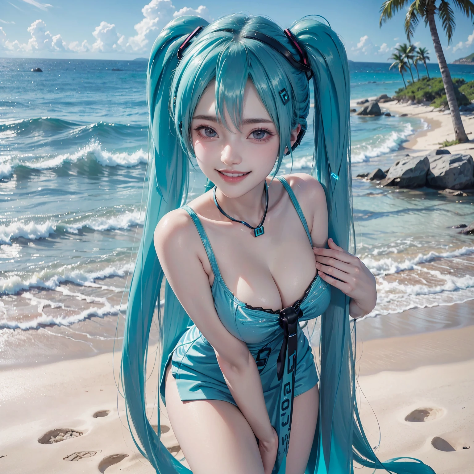 ((16K)),(masterpiece:1.3, Highest quality, Ultra-high resolution, Super detailed), (Realistic, photoRealistic:1.4), Perfect lighting, colorful, Depth of written boundary, Browsing Caution, Surrealism,Face Light,(( large breasts:1.4)),Beautiful detailed hair,((Beautiful eyelashes)), Beautifully detailed face, Beautiful fine details, Beautiful clavicle, Beautiful body, thin脚,Beautiful breasts, Beautiful feet, Beautiful Hands, Cleavage, Pointed Chest, thin, 1 girl, Perfect Face, Long eyelashes,Perfect Anatomy, Supermodel with a long neck,,((Skinny1.3)),looking at the camera,(Perfect Anatomy,Anatomically correct, Highly detailed skin), Shiny skin,((beautiful girl:1.1)),((Happy smile:1.1)),Emphasize the cleavage,((wind effect)), (((hatsune miku))),Long twin-tailed ponytail, Light Tosca Hair and Eye Color (((Intense colors))), (((futuristic hatsune miku dress 1:1))), Dynamic pose,Generate an image of a beautiful summer beach. The scene should feature clear blue skies, turquoise waters, and pristine white sand. Include elements such as gentle waves lapping the shore, palm trees swaying in the breeze, The beach should look inviting and idyllic, with people relaxing, sunbathing, and playing in the water. Capture the essence of a perfect summer day, highlighting the warmth, tranquility, and natural beauty of the beach setting,