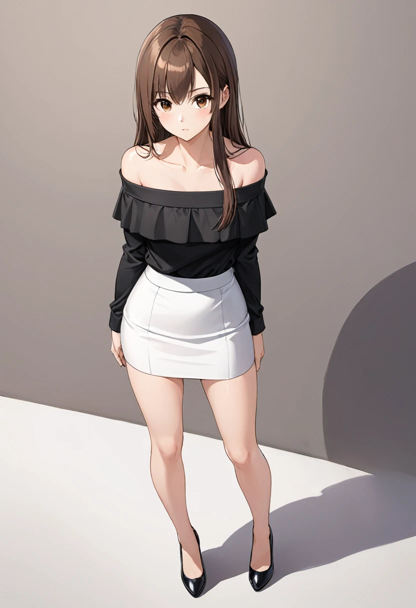 White miniskirt , black shoes , black off shoulder , pencil skirt , whole body , thighs , brown hair , brown eyes , straight hair , long sleeves , bare legs , View from above , standing posture