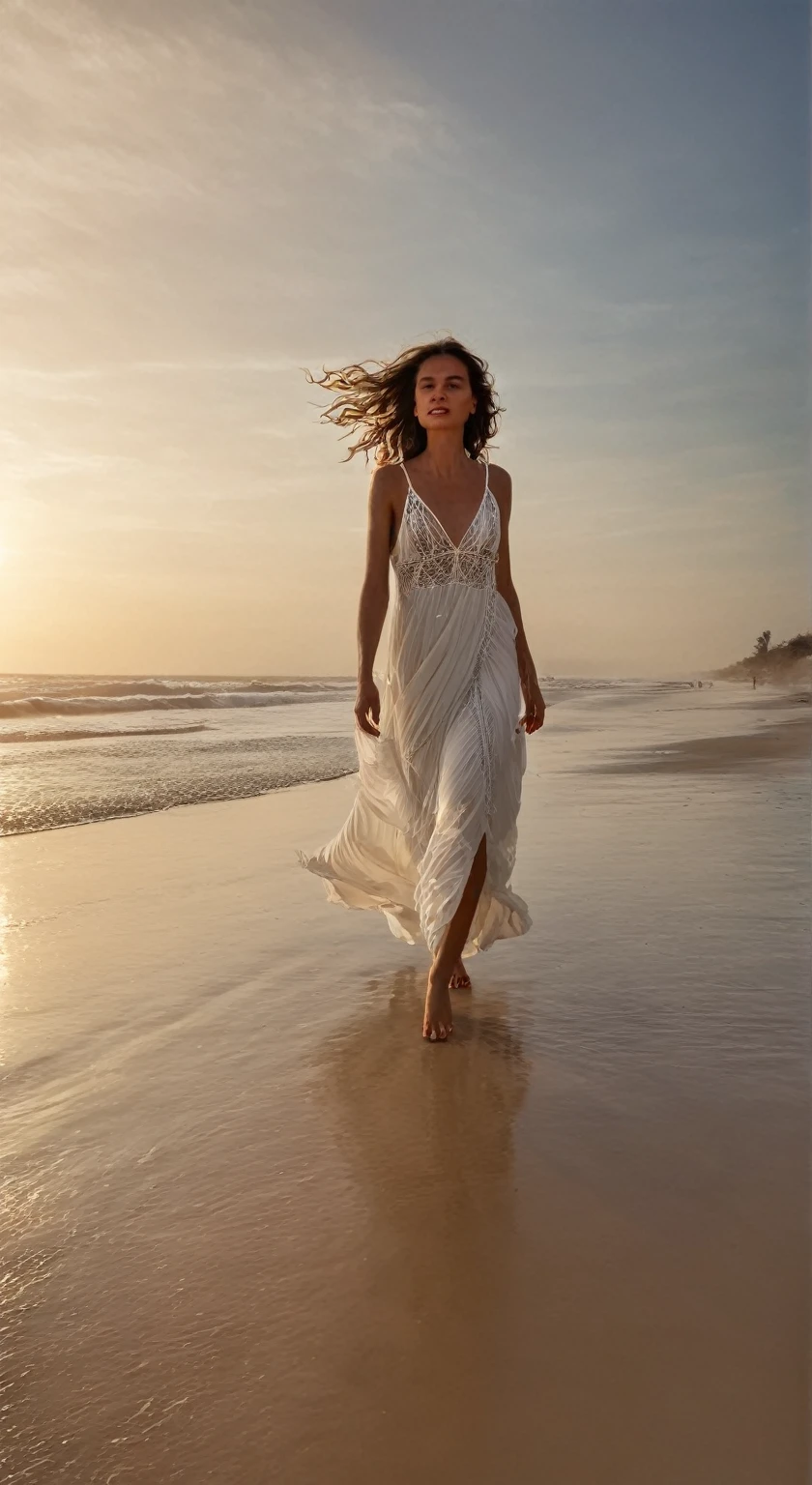 araffe woman walking on the beach at sunset with her hair blowing in the wind, wearing a white flowing dress, wearing a flowing dress, flowing gown, flowing dress, skinny girl in white boho dress, flowing white dress, wearing a flowing sundress, flowing shimmering fabrics, long white dress, bottom angle, on the beach at sunset