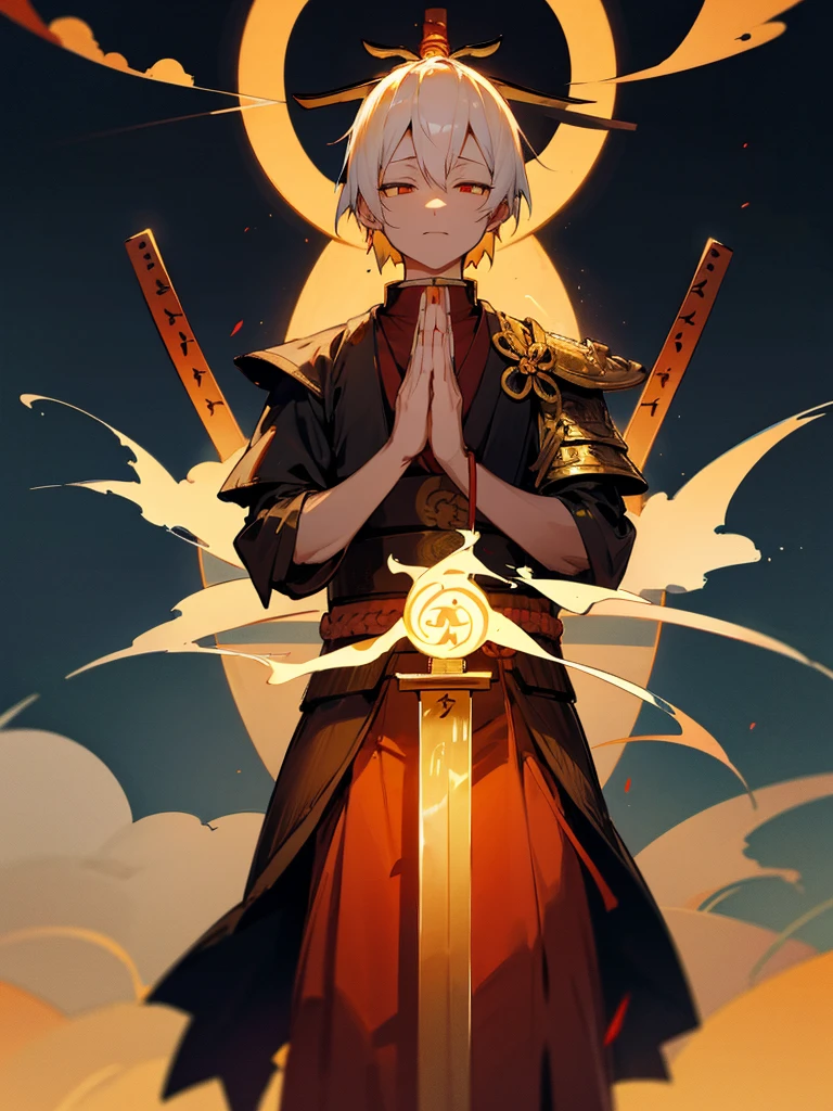 Buddha,Burning Eyes, horn, white short hair, black armor, torii, man, full moon, hands together in prayer, Zen meditation golden Japanese sword 