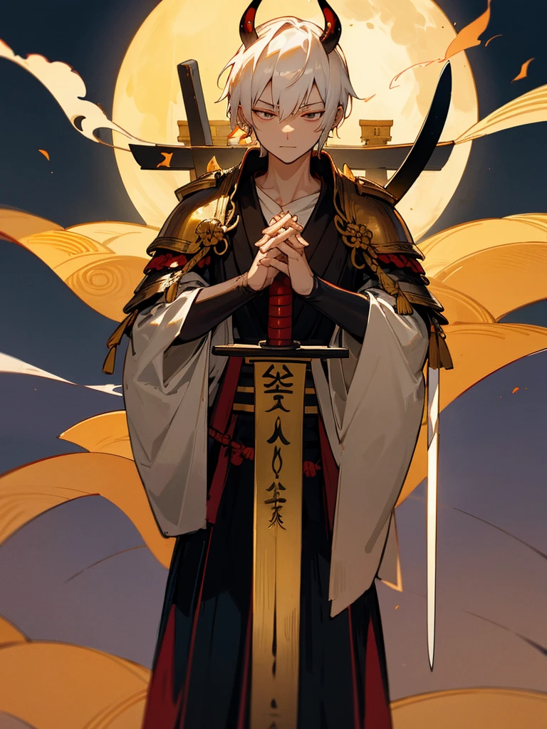 Buddha,Burning Eyes, horn, white short hair, black armor, torii, man, full moon, hands together in prayer, Zen meditation golden Japanese sword 