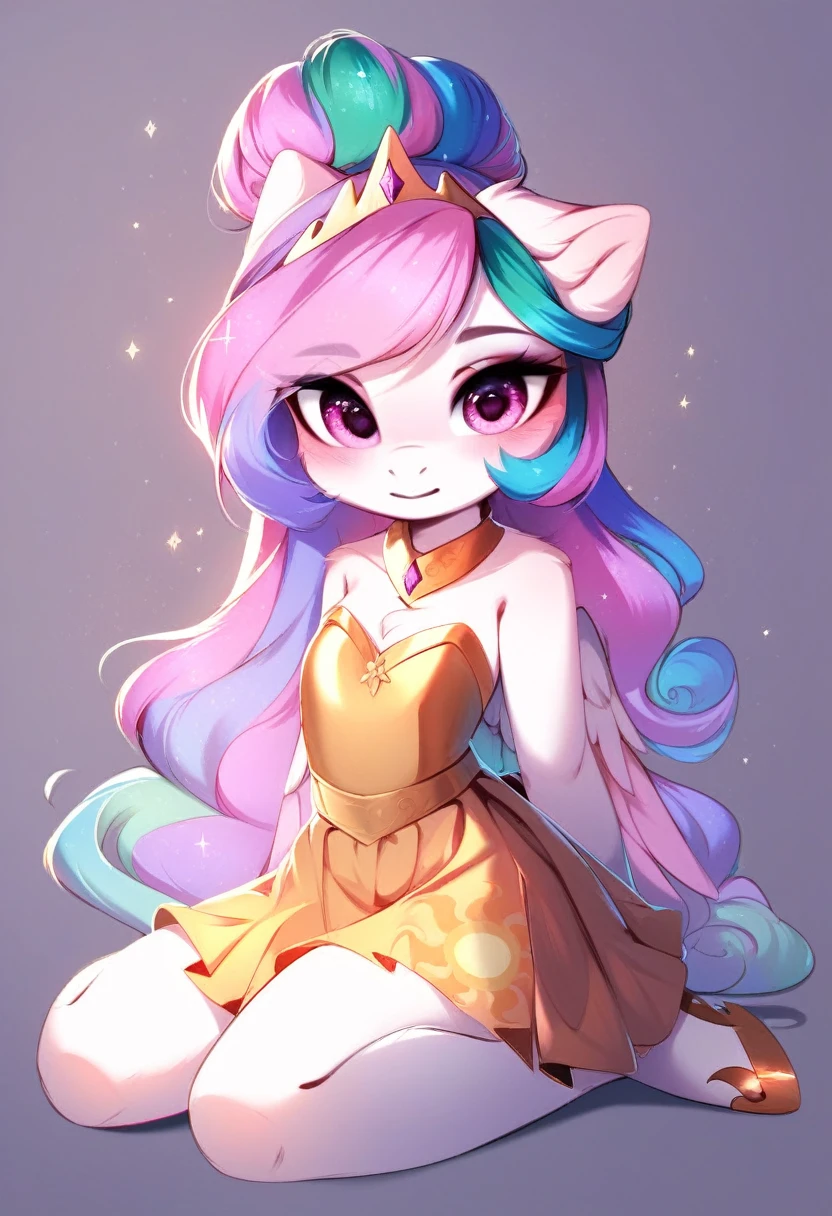 check_9, check_8_up, check_7_up, source_fluffy, rating_safe, from Magnaluna, Celestia poses seductively in a white bedroom, hair bun with bangs, pink eyes, white body, anthro, blushing, wearing white and gold tight skirt, full body