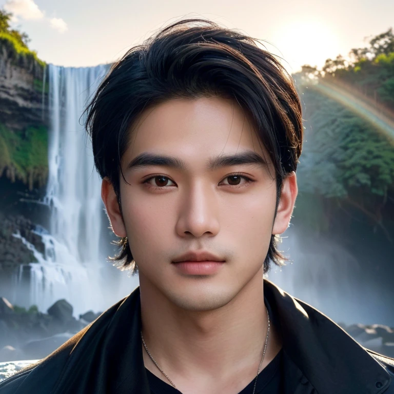A Southeast Asian man with a round face., Double eyelids, big eyes, black eyes, Standing wearing a necklace in front of a waterfall, high quality vertical, Headshot profile picture, Charming and good looking, There is a waterfall., รูปProfile pictureรูปภาพแนวตั้ง, waterfall in the background, beautiful young man, There is a waterfall., Handsome and charming, Profile picture, handsome man, Aykut Aydodu, cute young man, Waterfall backdrop