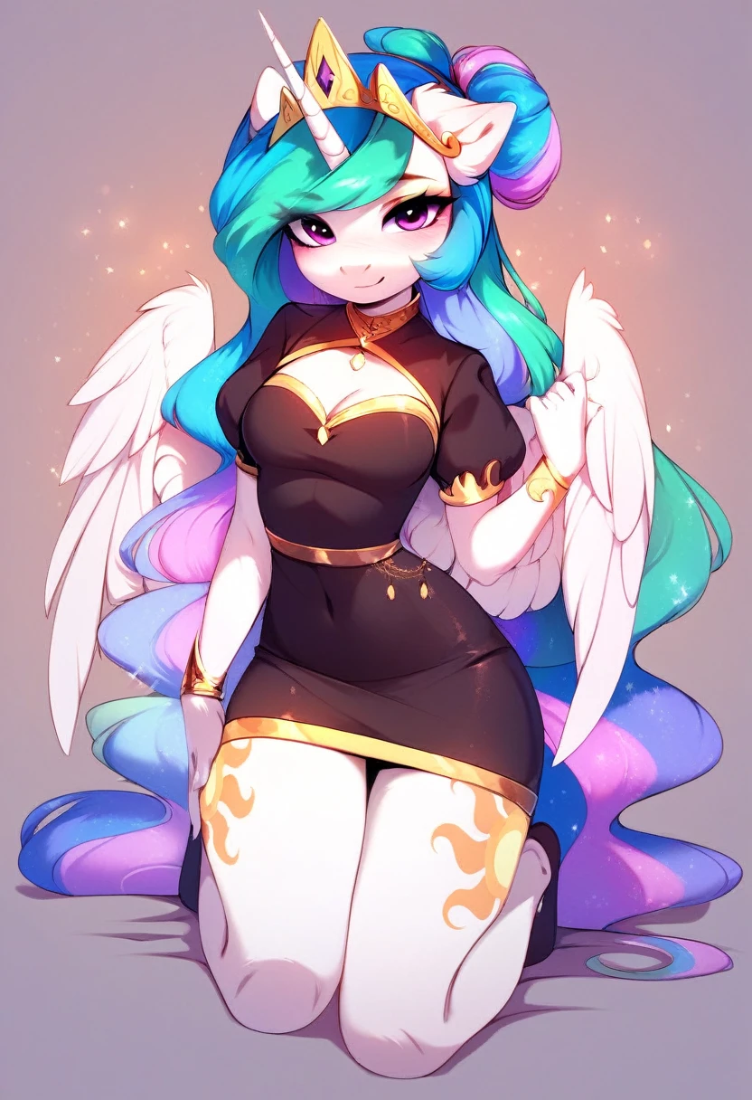 check_9, check_8_up, check_7_up, source_fluffy, rating_safe, from Magnaluna, Celestia poses seductively in a white bedroom, hair bun with bangs, pink eyes, white body, anthro, blushing, wearing white and gold tight skirt, full body