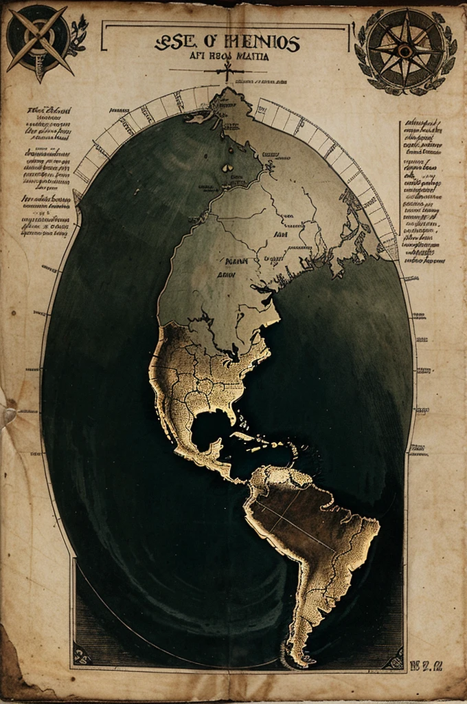 Old map of Latin America, with references to paranormal phenomena, Legends and myths. The map has a vintage style with worn edges and sepia details. Includes location marks of places famous for their ghost stories, unexplained appearances and events, like the Island of the Dolls in Mexico, the Bosque de las Ánimas in Colombia and the Hotel del Salto in Colombia. Illustrations of legendary creatures such as the Chupacabra are seen, La Llorona and the Duende. There are mystical symbols and handwritten notations in the margins, describing paranormal events and unsolved mysteries. The map is decorated with skull motifs, candles and other esoteric items, creating a disturbing and mysterious atmosphere.