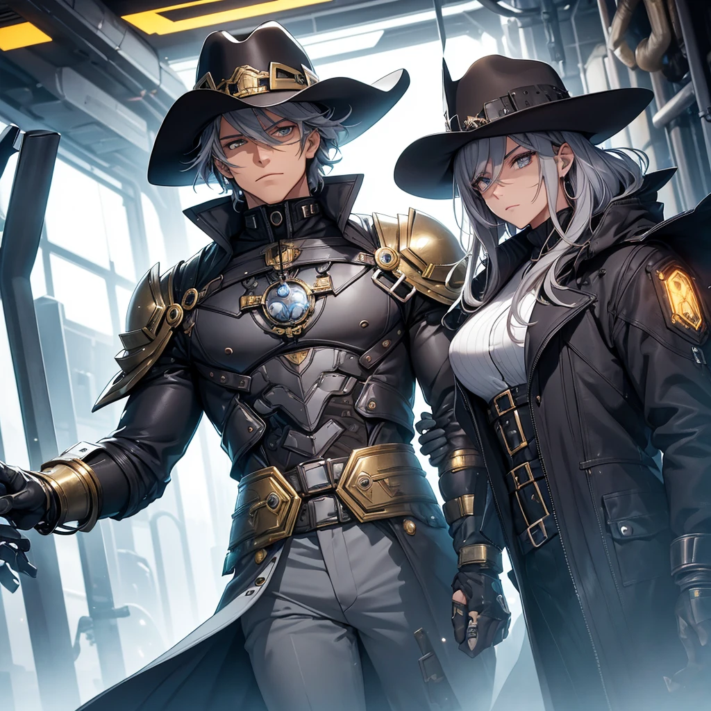 make a futuristic male character who has a cowboy hat, mechanical right arm, gold eyes, must be in a futuristic canary, and dark gray hair. he must be strong and have an overcoat