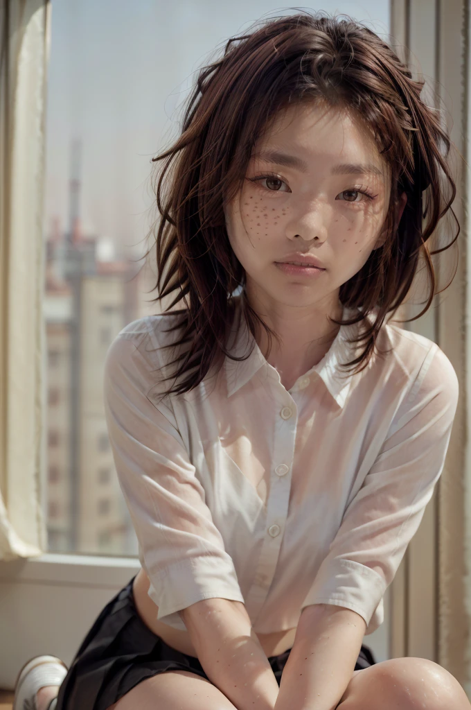 A swedish, American, german, young woman, 20yo, downtown, in large metropolis, collared shirt, sweater, pleated skirt, chuck taylor shoes, smirk ((heavy gaussian blur)), ((soft lighting)), (((extremely hazy:1.2))),, (extremely bright), (dreamy atmosphere), bright vivid colors,