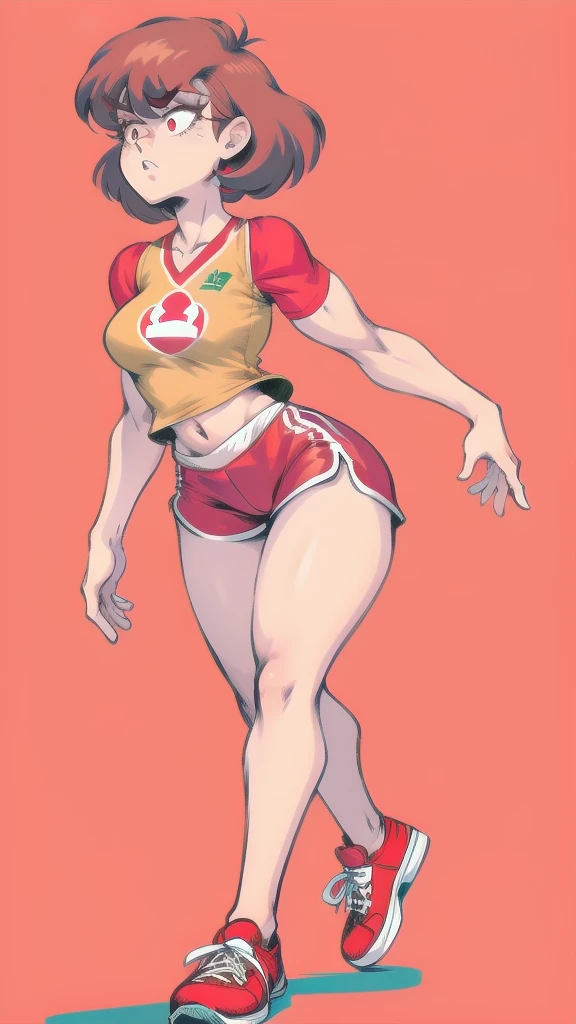 Full body image of Lynn Loud from The Loud House, full body in image, wearing her original outfit (red jersey, red shorts, red and white sneakers), short brown hair, female body, athletic and fit body, dynamic pose, detailed pose, simple background, expressive face showing determination, focus on face, line art, sketch
