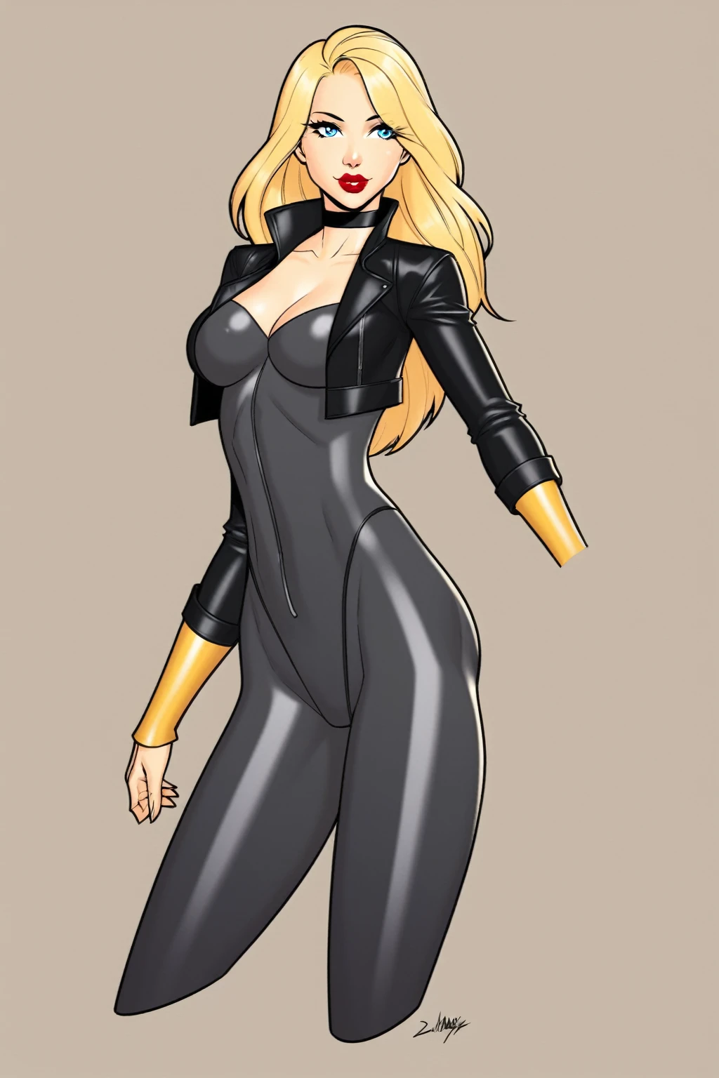 (Black_Canary_JLU:1.2), blonde hair, blue eyes, red lips, body suit, black pantyhose, black choker, cropped jacket,