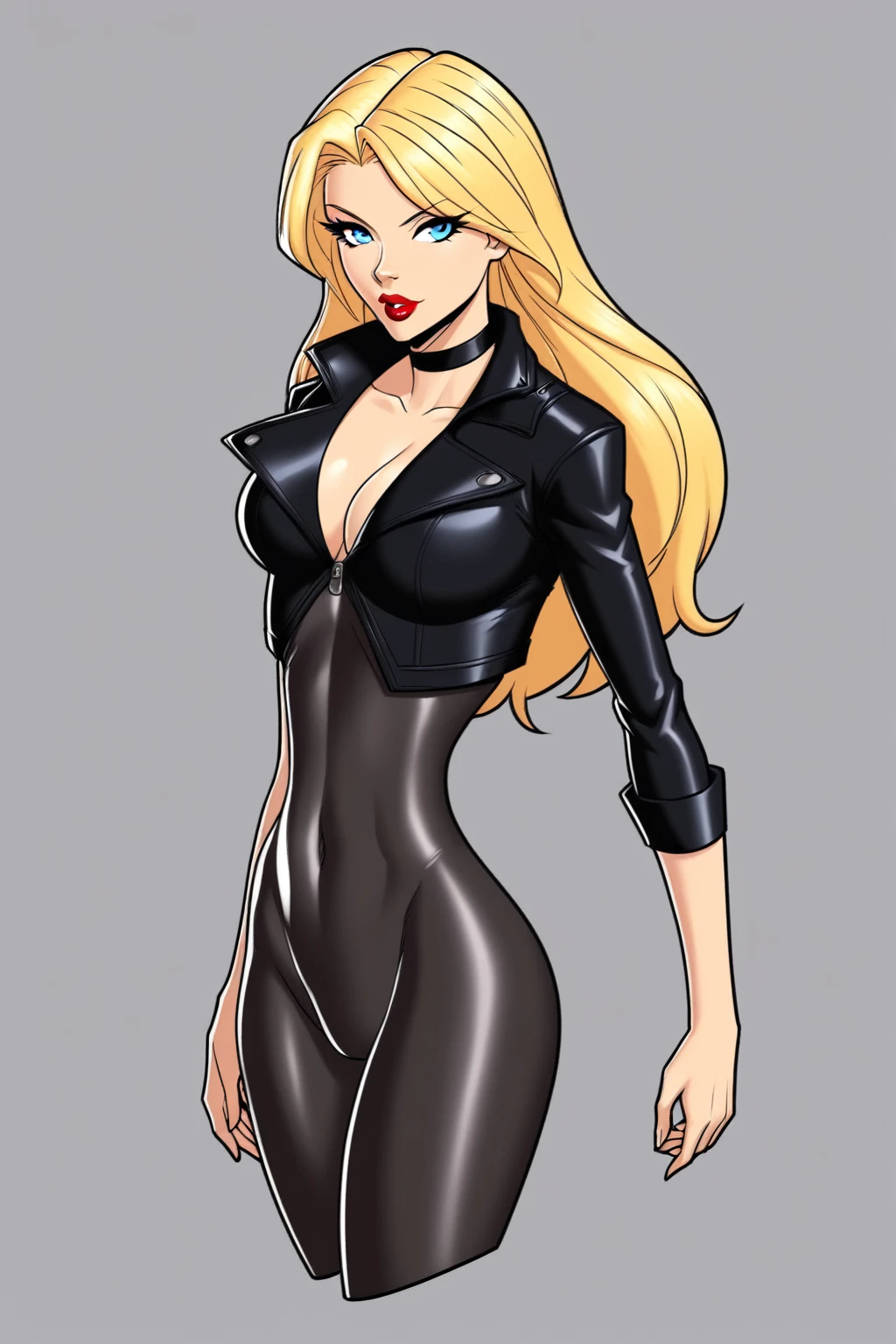 (Black_Canary_JLU:1.2), blonde hair, blue eyes, red lips, body suit, black pantyhose, black choker, cropped jacket, 