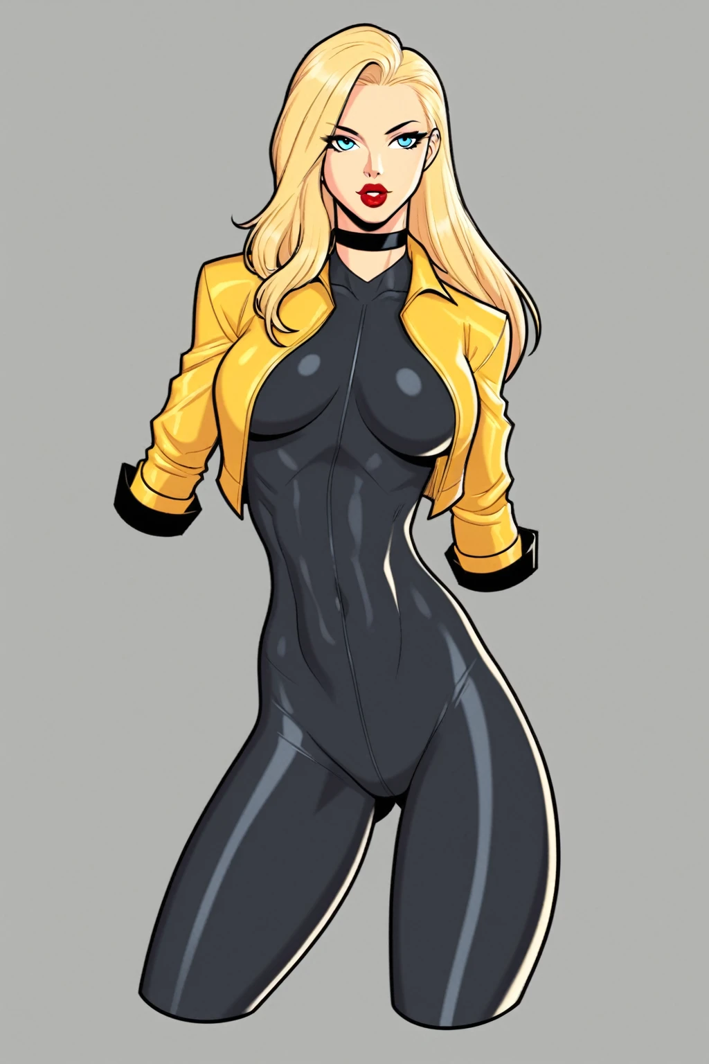 (Black_Canary_JLU:1.2), blonde hair, blue eyes, red lips, body suit, black pantyhose, black choker, cropped jacket, 