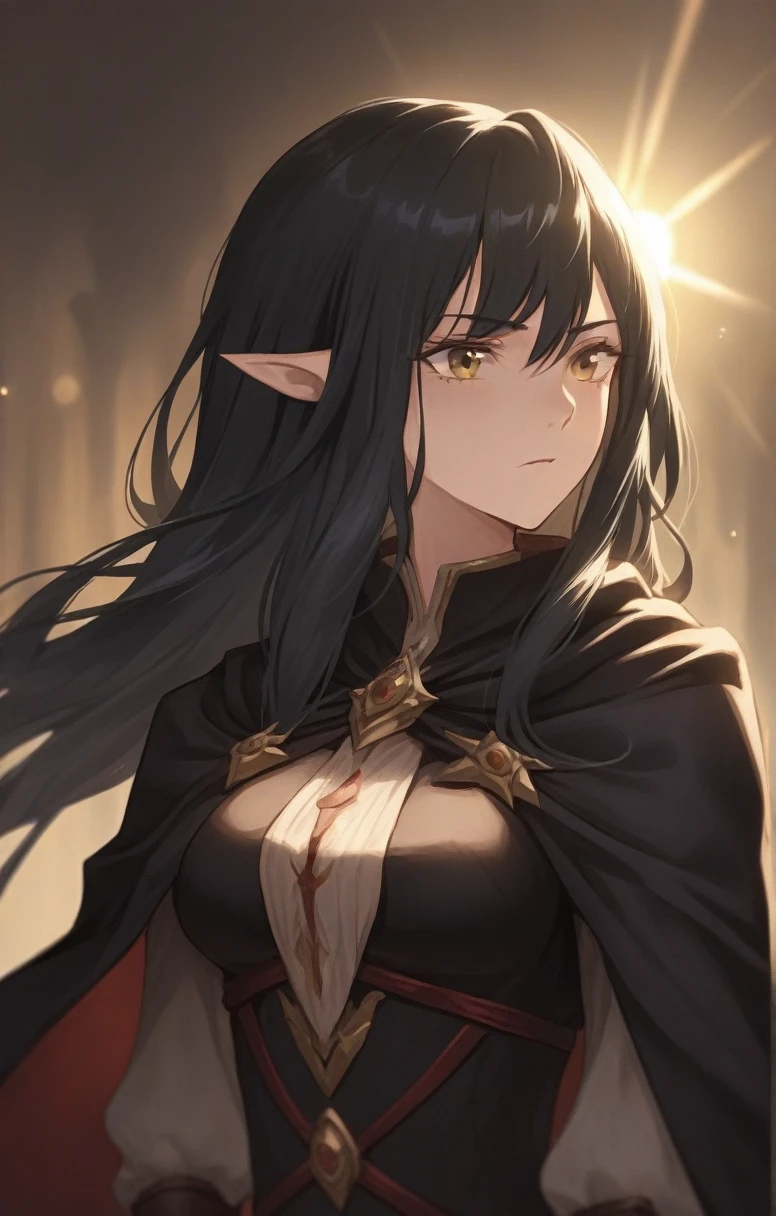 half elf, mature woman, dnd, adventurer, black cloak, elegant, long black hair, sun light, bust shot