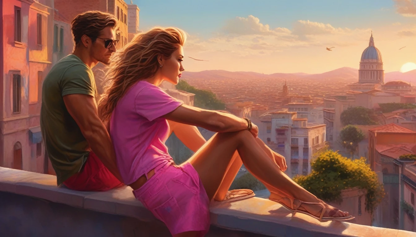 A captivating and surreal photorealistic painting depicting a couple of lovers perched on the edge of a towering building. The man is casually lounging, one leg extended and the other bent, both resting on the terrace wall. He sport a muscular build, with dark hair and a stylish purple short-sleeved t-shirt and ripped jeans. The woman, with long, red, flowing hair, is seated next to him, wearing a pink top and short, flowery shorts. They share a delicious-looking pizza, with cheese dripping off the slices. The open box beside them holds another half-eaten pizza. The setting sun casts a golden glow over the scene, with birds flying in the distance and a panorama of the bustling city below. The artwork exudes a playful, magical, and romantic ambiance, while the layered, three, photo, painting, cinematic, architecture, 3d render, fashion, illustration, vibrant