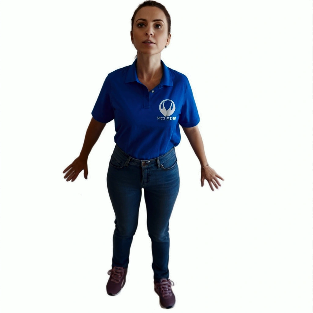 a beautiful woman with brown hair, blue shirt, bioomathematic writing on the shirt, jeans and with tennis shoes standing with her hands outstretched, sarcastic full body pose, frontal pose, full body photography, full body photography, full body photo, full body action pose, full body model, not posing, full body female, centered full body shot, full body dynamic pose, full body profile camera photo, pose