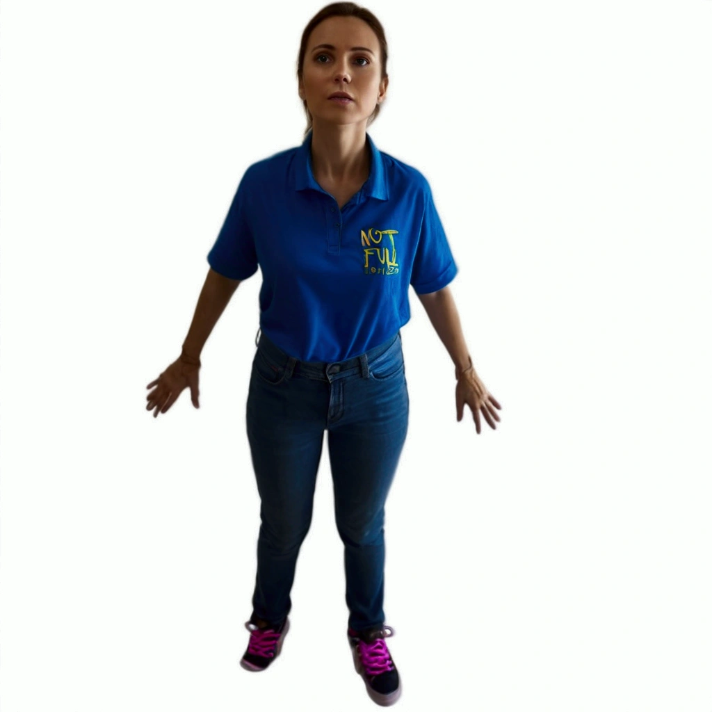 a beautiful woman with brown hair, blue shirt, bioomathematic writing on the shirt, jeans and with tennis shoes standing with her hands outstretched, sarcastic full body pose, frontal pose, full body photography, full body photography, full body photo, full body action pose, full body model, not posing, full body female, centered full body shot, full body dynamic pose, full body profile camera photo, pose